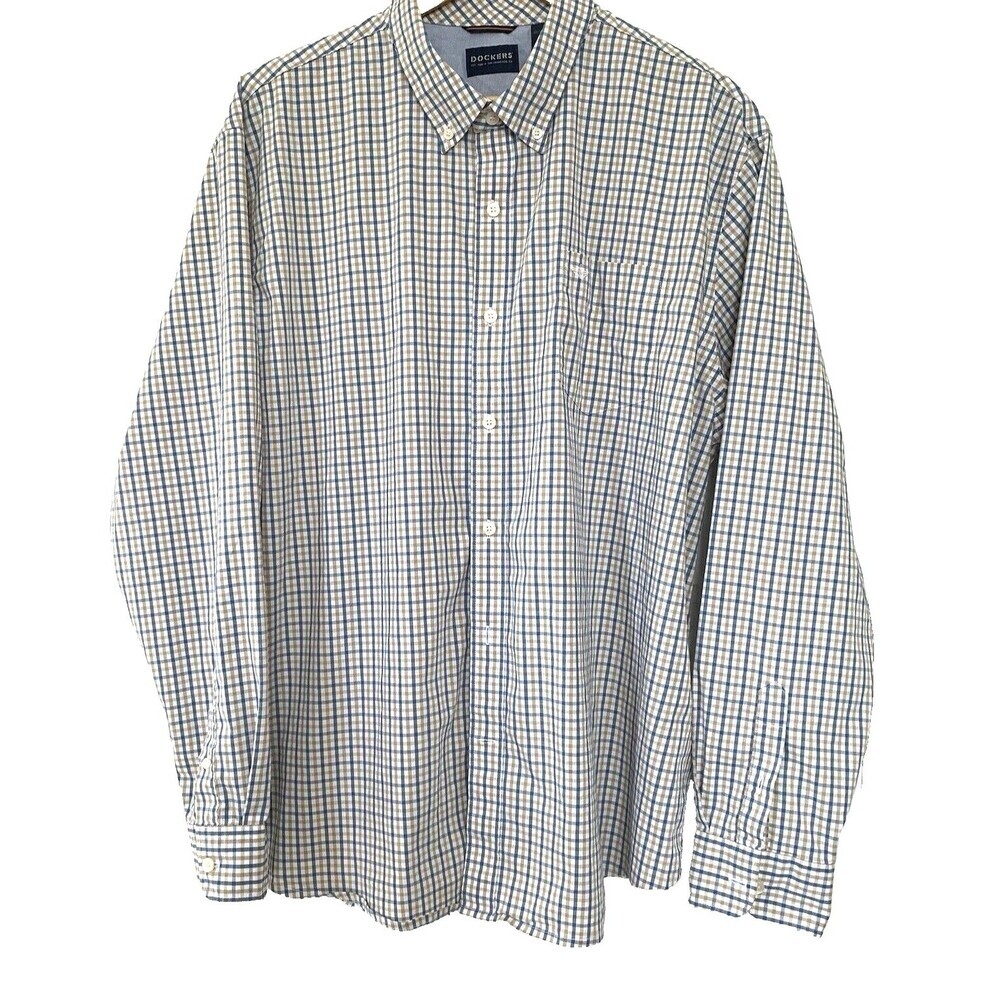 Dockers Button-Down Shirt Mens XXL Cream/Blue Plaid Preppy Logo Pocket